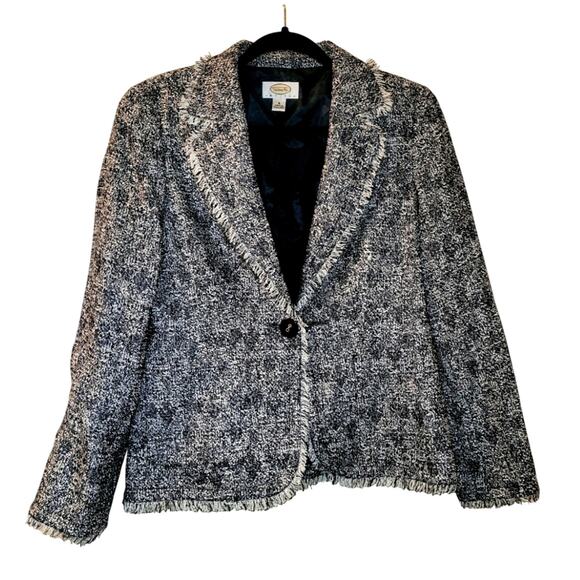 Talbots Womens Blue & White Tweed Fringed Blazer Jacket Size 8 - Picture 1 of 10
